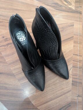 Vince Camuto Croc Bootie Womens 6.5 M Black Chunky Heel Boot Steevera Back Zip